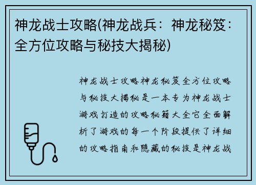 神龙战士攻略(神龙战兵：神龙秘笈：全方位攻略与秘技大揭秘)
